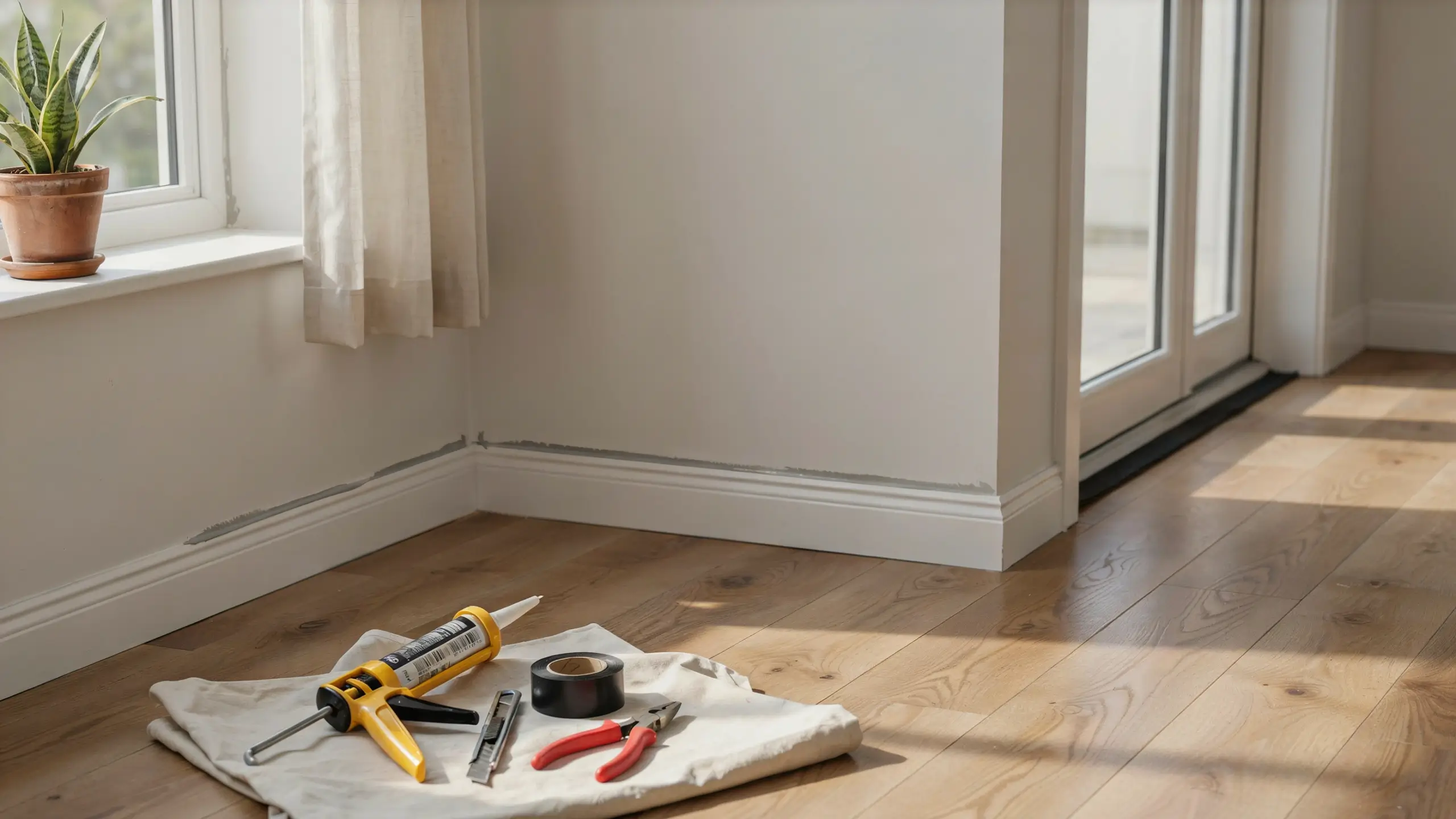 DIY home insulation project: a caulking gun, utility knife, duct tape, and cutters laid on a white cloth next to an interior baseboard corner and window.