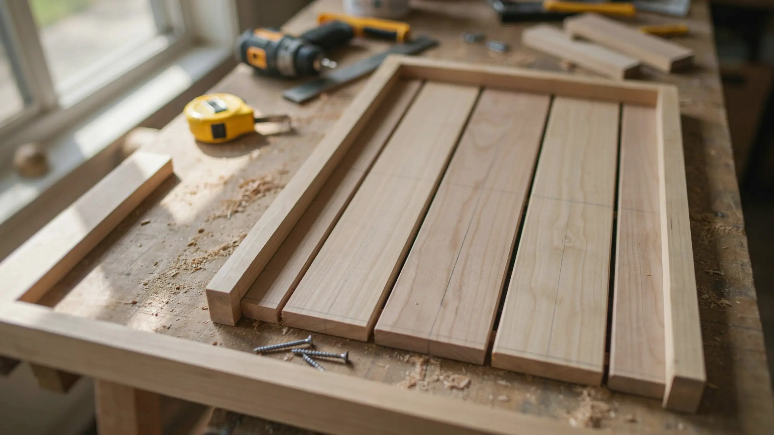 Woodworking DIY project showing five wooden slats fitted inside a rectangular frame on a workshop bench next to a drill and tape measure.