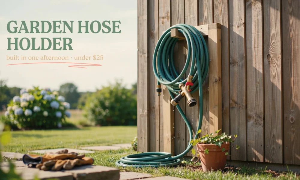 DIY wooden wall-mounted garden hose holder with a green hose and brass spray nozzle on a fence.