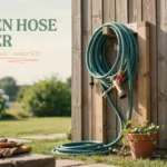 DIY wooden wall-mounted garden hose holder with a green hose and brass spray nozzle on a fence.
