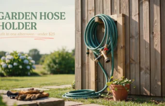 DIY wooden wall-mounted garden hose holder with a green hose and brass spray nozzle on a fence.