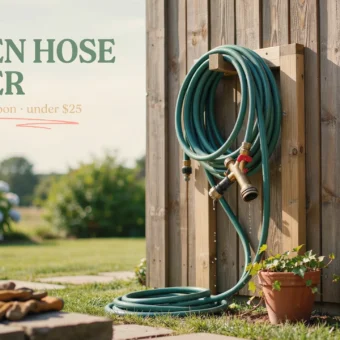 DIY wooden wall-mounted garden hose holder with a green hose and brass spray nozzle on a fence.
