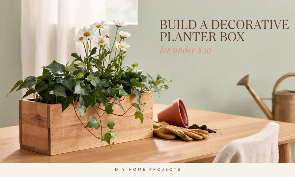 DIY wooden planter box filled with white daisies and trailing ivy for a budget-friendly home decor project under $30.
