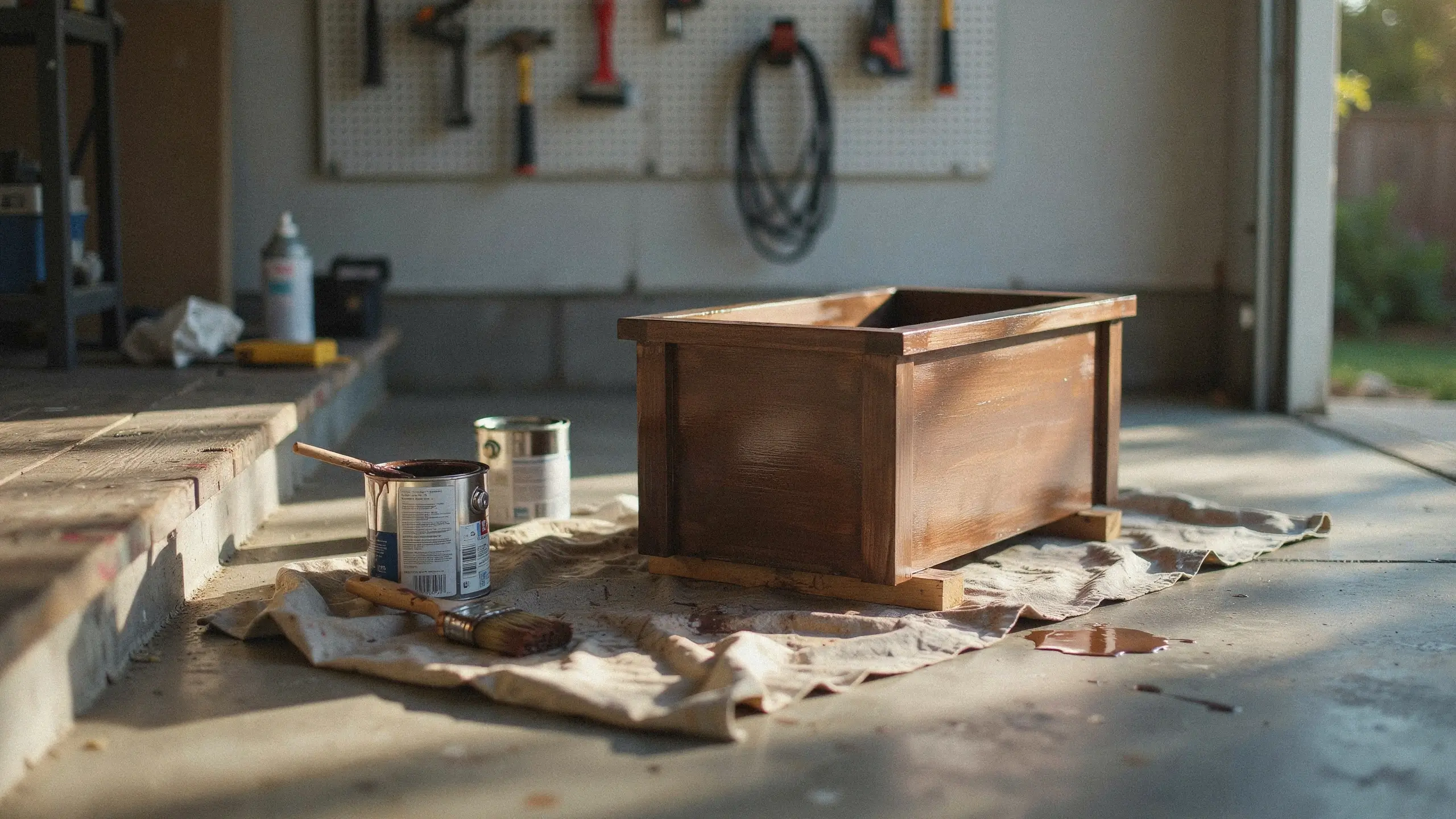 A handmade rustic wooden planter box resting on a drop cloth, being coated with dark wood stain using a paintbrush, alongside open paint cans and tools in a garage workshop.