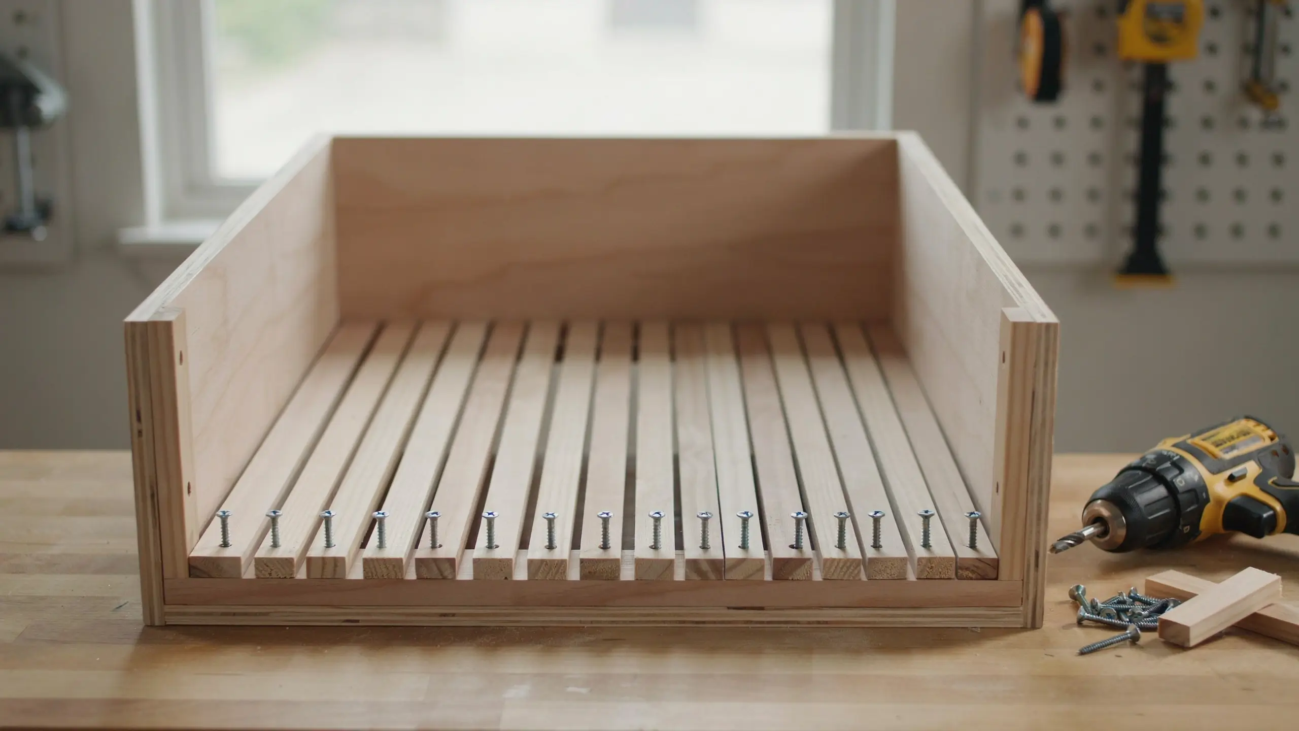 DIY wooden slatted crate bottom assembly with screws and power drill on workshop workbench.
