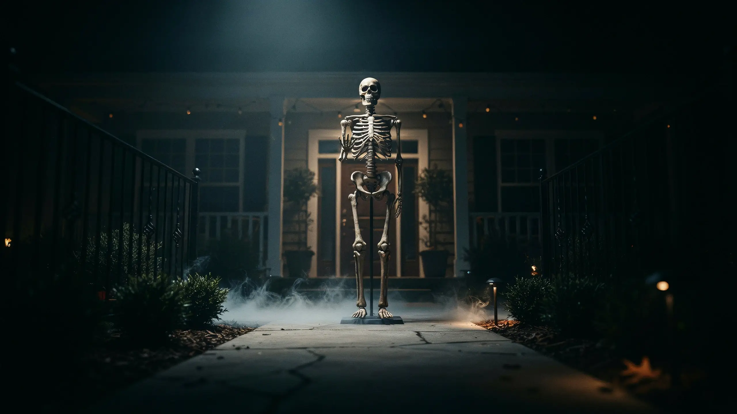 Life-sized Halloween skeleton standing in rolling fog on a dark front porch walkway, illuminated by a dramatic overhead spotlight for nighttime spooky decor. 