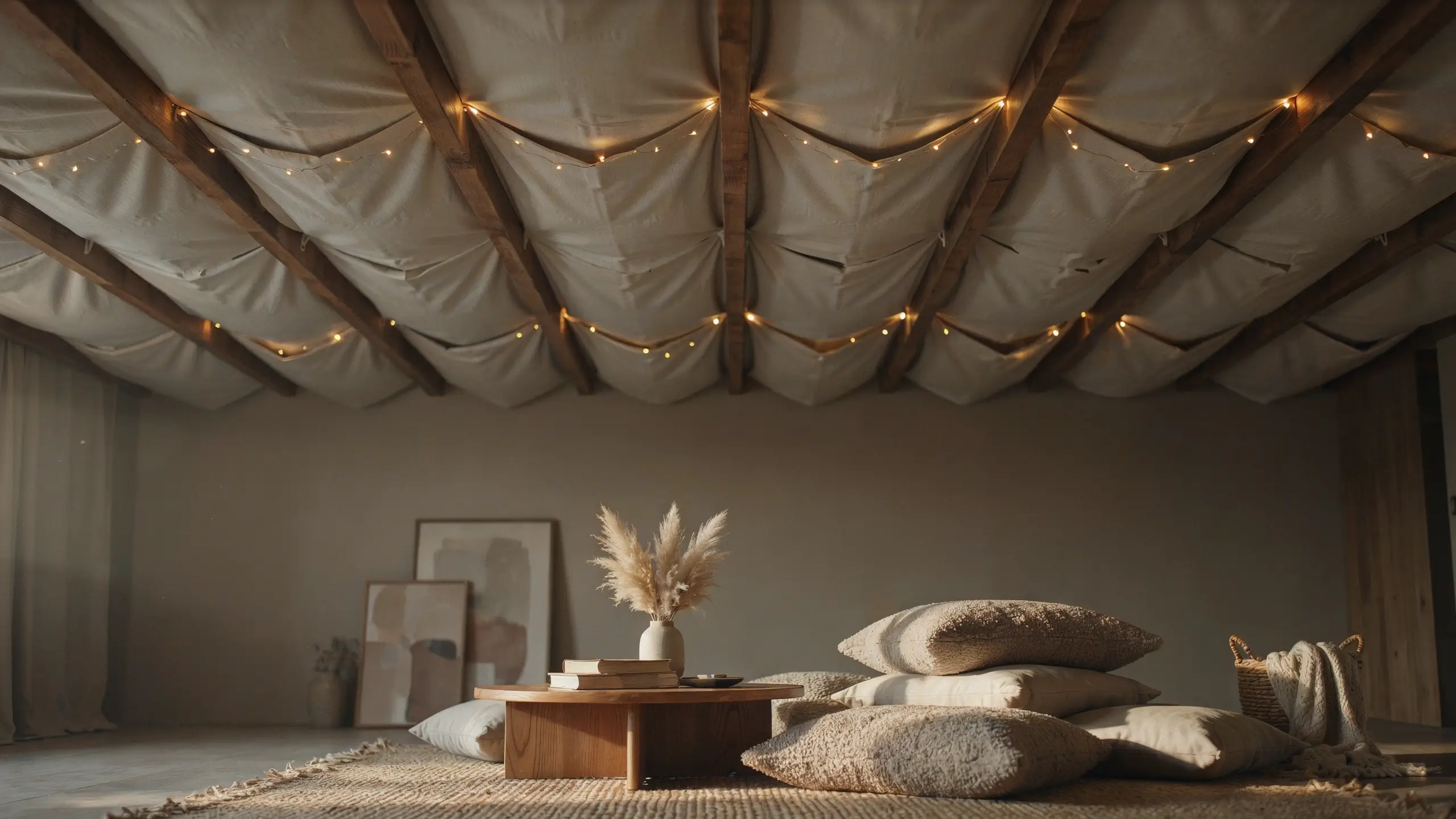 A cozy bohemian living room featuring wooden ceiling beams draped with flowing white fabric and warm string lights, a low wooden table holding a vase of pampas grass and stacked books, and large textured floor cushions resting on a natural jute rug.