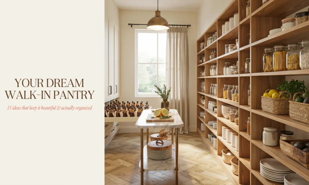 Bright, airy walk-in pantry with open wooden shelving, clear glass canisters, woven baskets with fruit, and a marble-topped island holding fresh lemons and herbs under a brass pendant light.