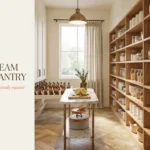 Bright, airy walk-in pantry with open wooden shelving, clear glass canisters, woven baskets with fruit, and a marble-topped island holding fresh lemons and herbs under a brass pendant light.