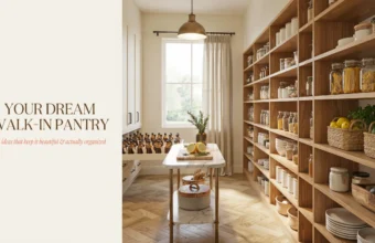 Bright, airy walk-in pantry with open wooden shelving, clear glass canisters, woven baskets with fruit, and a marble-topped island holding fresh lemons and herbs under a brass pendant light.