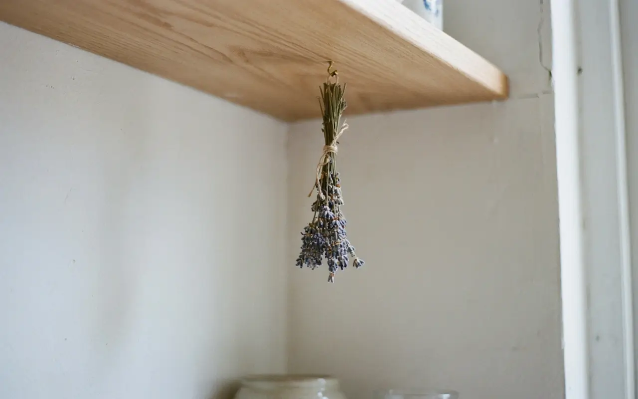 Small dried floral bundle pinned under a wooden shelf in a bright kitchen corner near the window.