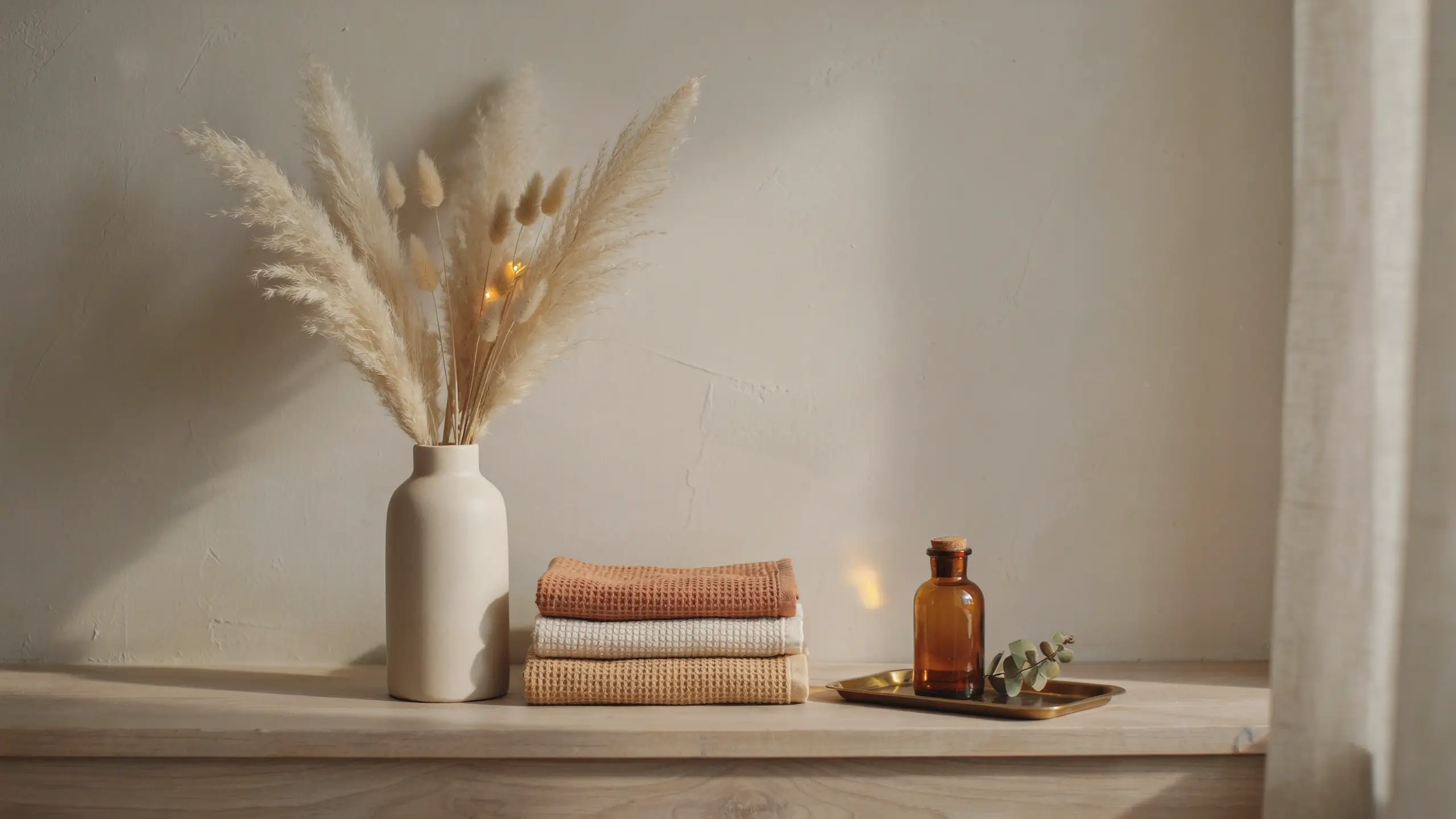 Minimalist shelf arrangement featuring a cream vase of dried pampas grass and bunny tails, stacked terracotta, white, and beige textured towels, and an amber glass apothecary bottle on a brass tray with a eucalyptus sprig, illuminated by warm natural sunlight.