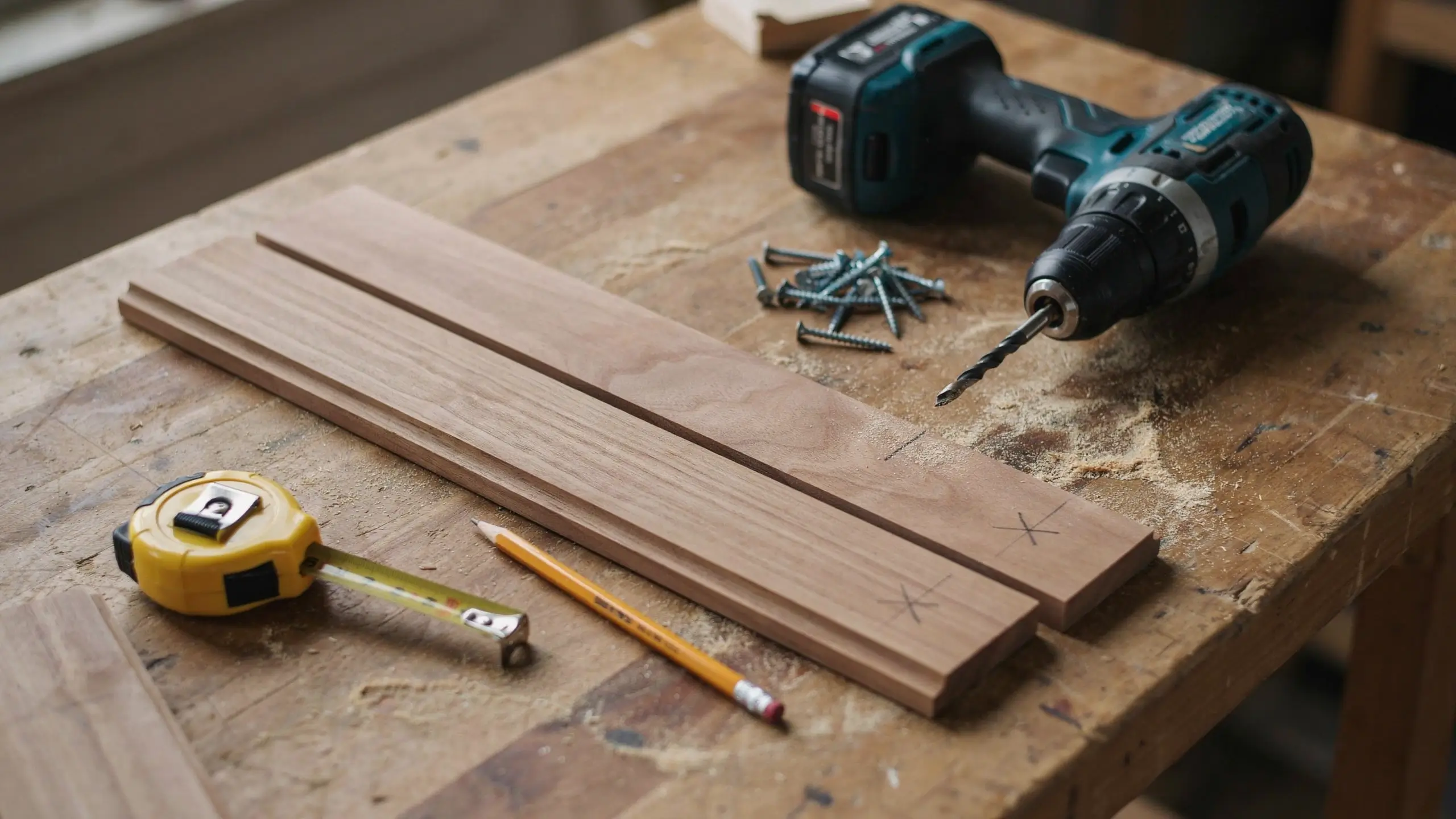 Two wooden boards marked with 'X' for pilot holes, surrounded by a blue cordless drill, metal screws, tape measure, and pencil on a dusty wooden workbench.