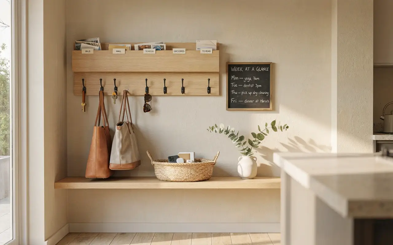 Wood drop zone command center with hooks, mail slots, bags, keys, basket, and weekly chalkboard.