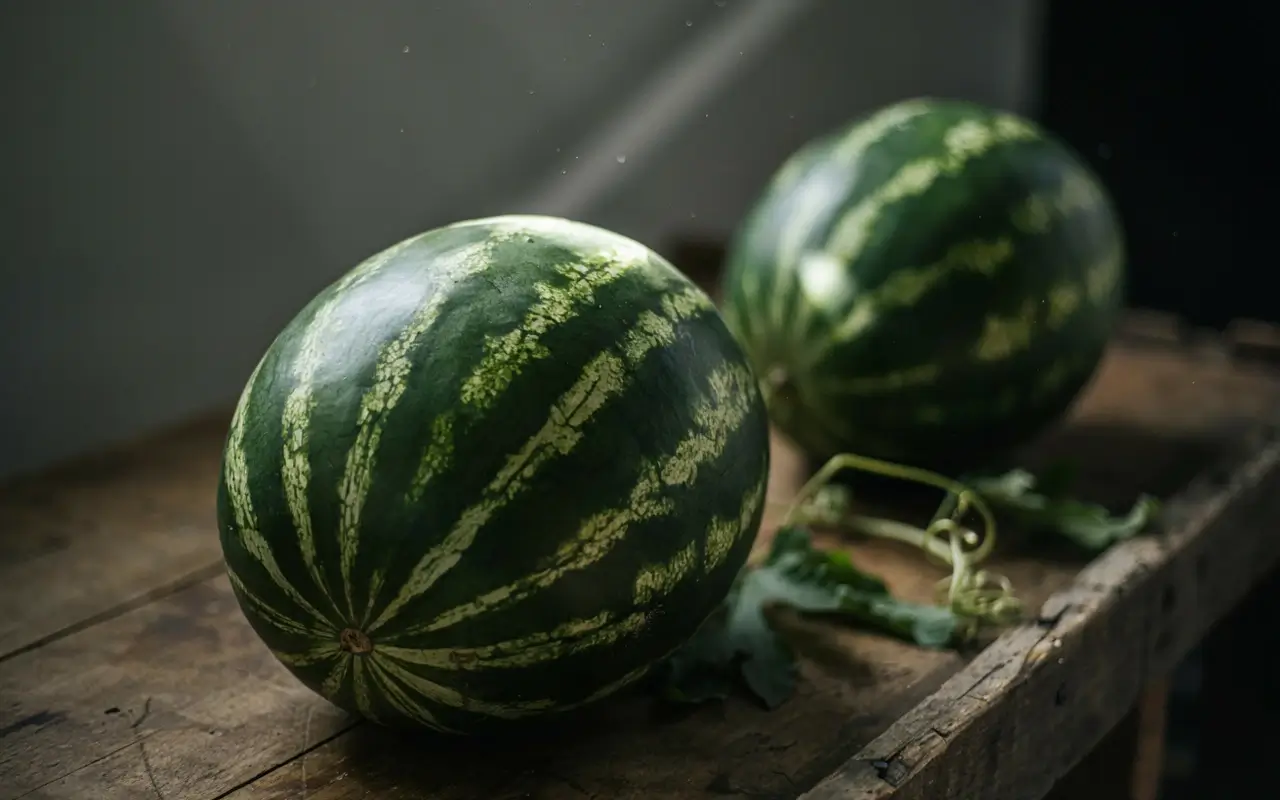 Two ripe watermelons with dull green rinds on a rustic wooden table