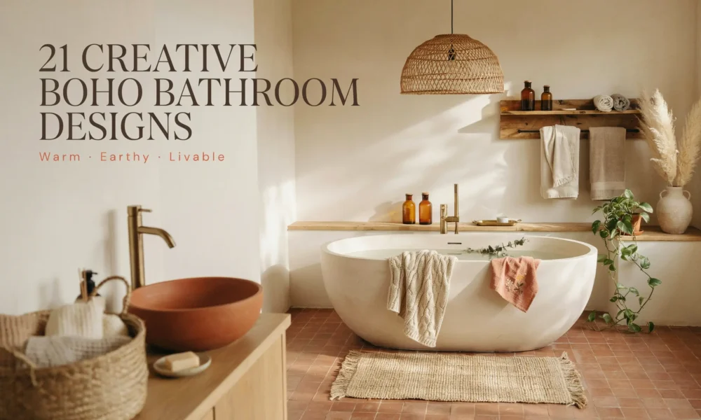 A sunlit, warm earthy boho bathroom interior featuring a white oval freestanding bathtub, a terracotta vessel sink, a woven rattan pendant light, and pampas grass decor for a cozy spa vibe.