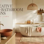 A sunlit, warm earthy boho bathroom interior featuring a white oval freestanding bathtub, a terracotta vessel sink, a woven rattan pendant light, and pampas grass decor for a cozy spa vibe.
