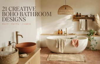 A sunlit, warm earthy boho bathroom interior featuring a white oval freestanding bathtub, a terracotta vessel sink, a woven rattan pendant light, and pampas grass decor for a cozy spa vibe.