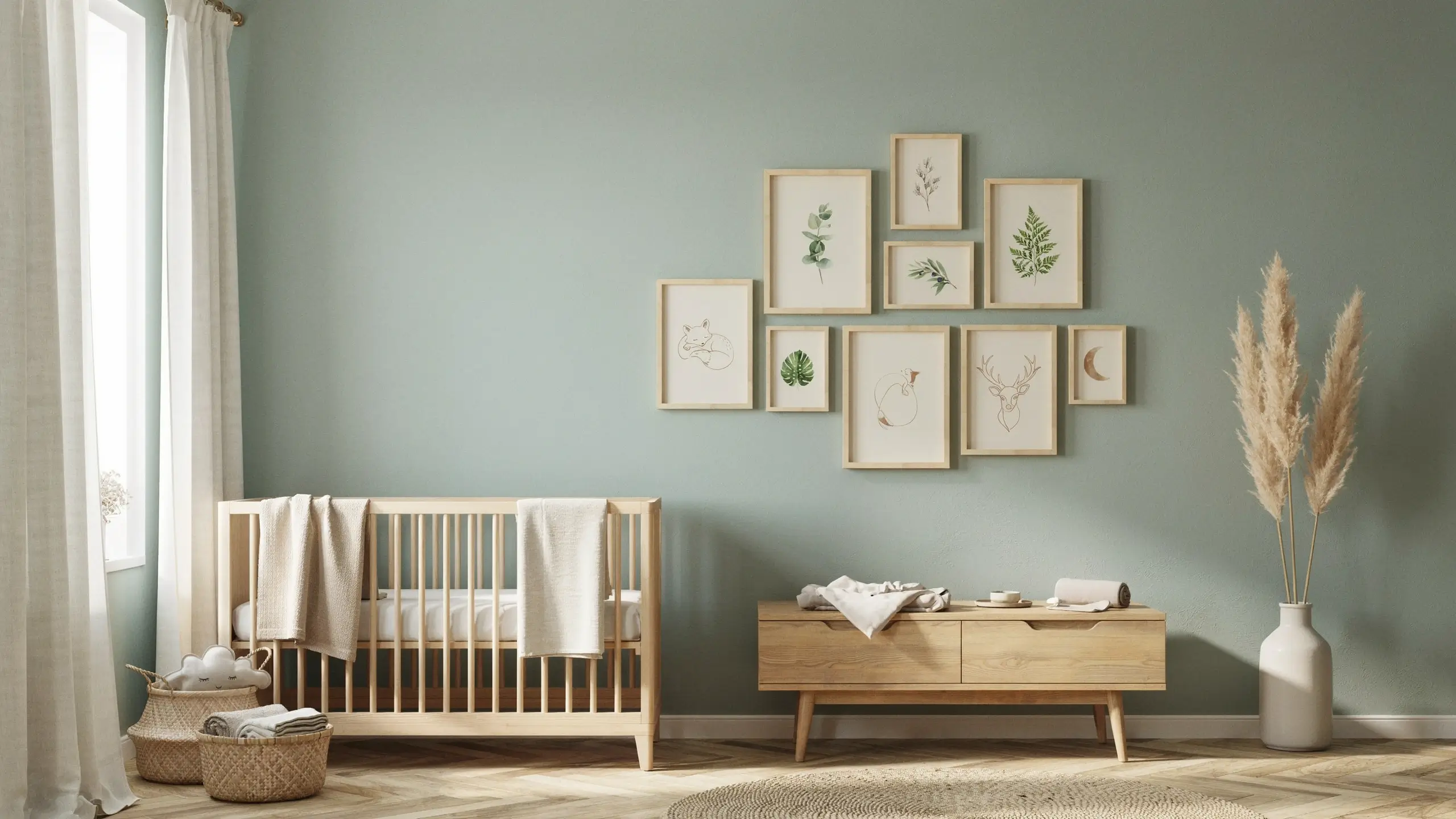 Sage green gender-neutral nursery with light wood crib and botanical line art gallery wall.