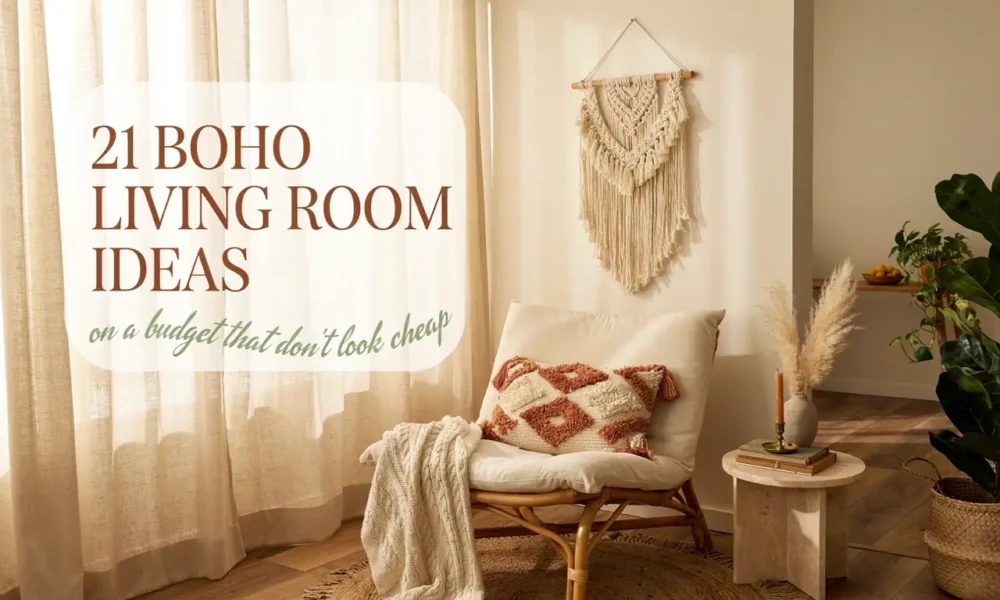 Cozy boho living room decor with rattan chair and macrame art offering easy boho living room ideas on a budget.