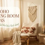 Cozy boho living room decor with rattan chair and macrame art offering easy boho living room ideas on a budget.