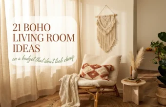 Cozy boho living room decor with rattan chair and macrame art offering easy boho living room ideas on a budget.