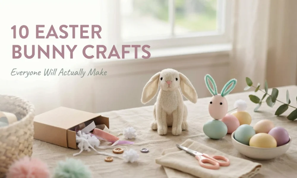 Flat lay of Easter bunny crafts including a cream plush toy, DIY egg-shaped bunny, pastel dyed eggs, and craft supplies with text overlay reading '10 Easter Bunny Crafts'.
