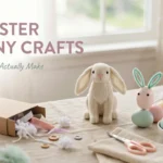 Flat lay of Easter bunny crafts including a cream plush toy, DIY egg-shaped bunny, pastel dyed eggs, and craft supplies with text overlay reading '10 Easter Bunny Crafts'.