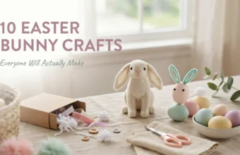 Flat lay of Easter bunny crafts including a cream plush toy, DIY egg-shaped bunny, pastel dyed eggs, and craft supplies with text overlay reading '10 Easter Bunny Crafts'.