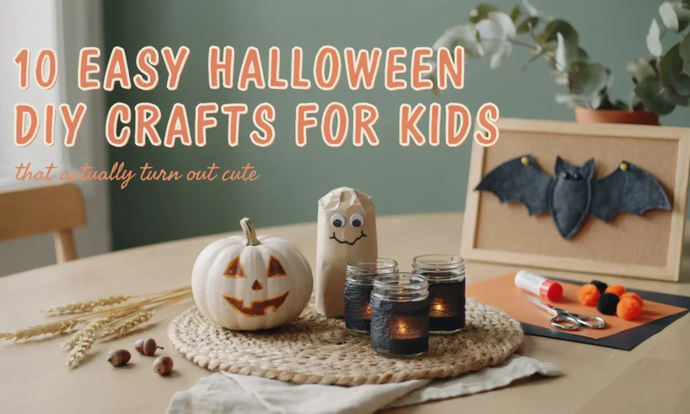 A white pumpkin lantern, brown paper bag ghost, glass candle jars, and a framed paper bat decoration on a wooden table, representing easy Halloween DIY crafts for kids.