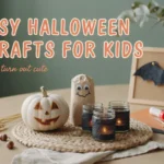 10 Easy Halloween DIY Crafts for Kids (That Actually Turn Out Cute) A white pumpkin lantern, brown paper bag ghost, glass candle jars, and a framed paper bat decoration on a wooden table, representing easy Halloween DIY crafts for kids.