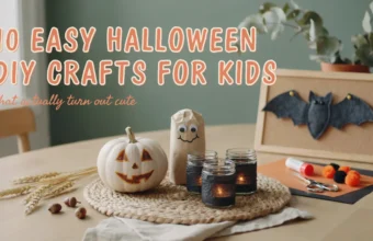 A white pumpkin lantern, brown paper bag ghost, glass candle jars, and a framed paper bat decoration on a wooden table, representing easy Halloween DIY crafts for kids.