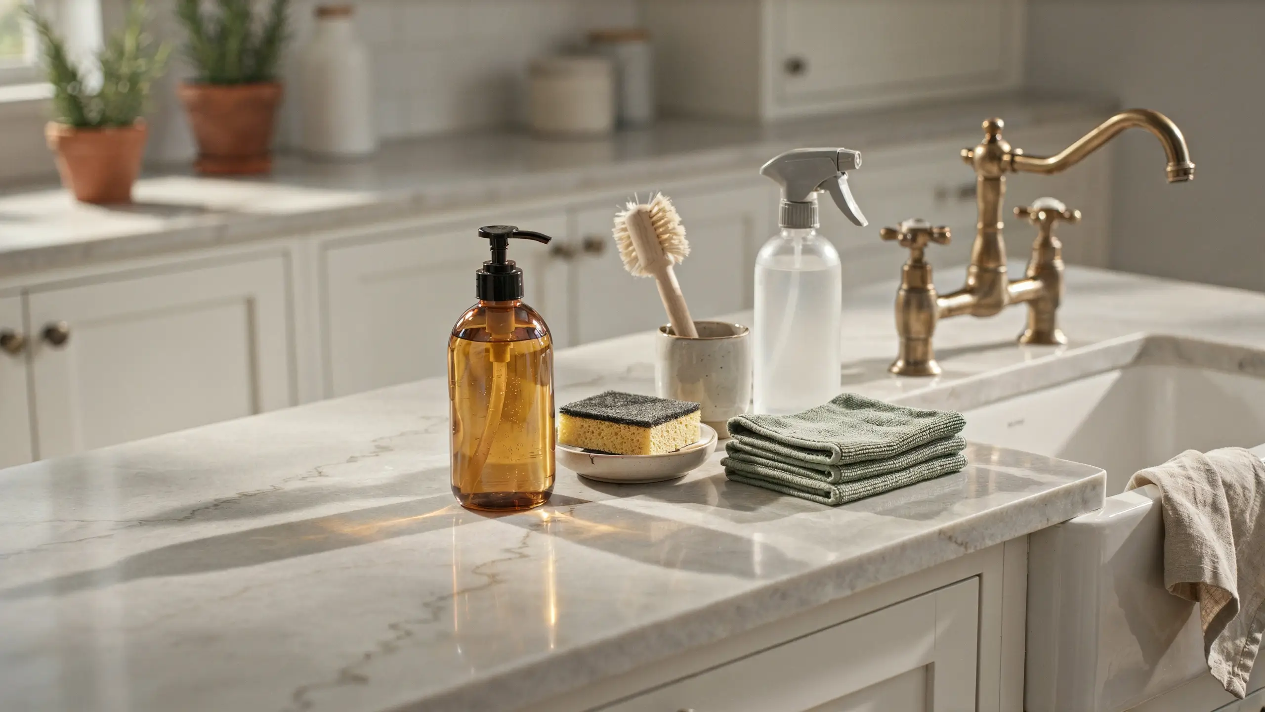 A curated arrangement of everyday kitchen cleaning essentials on a marble counter, featuring an amber pump soap dispenser, a wooden dish brush in a ceramic holder, a clear spray bottle, and a stack of green microfiber towels