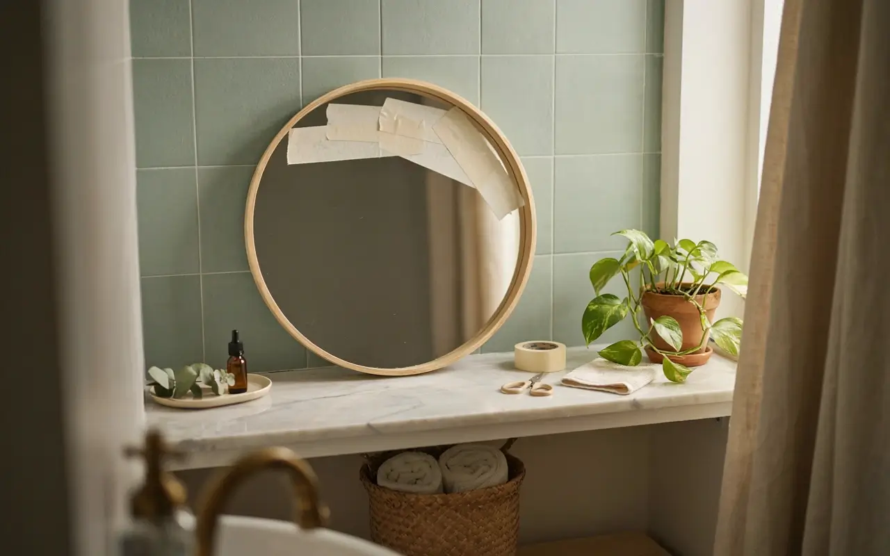Round bathroom mirror with electrical tape frame trick, green tile wall, marble shelf, and potted plant