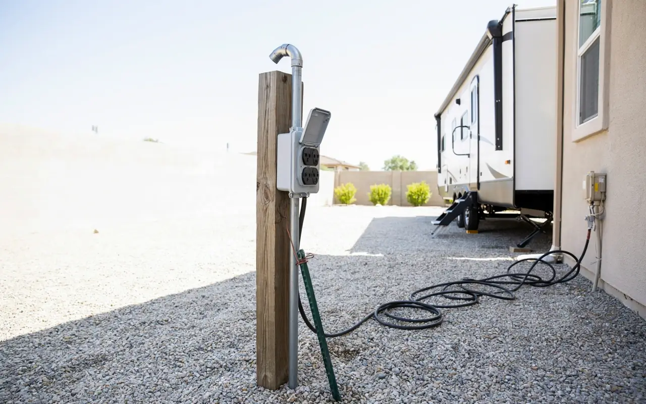Outdoor RV electrical pedestal with 30/50 amp outlet beside a camper at a home gravel parking pad.