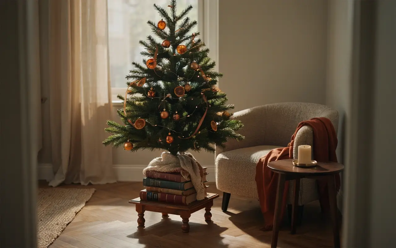 Small Christmas tree elevated on stacked books beside a cozy chair in a sunlit living room