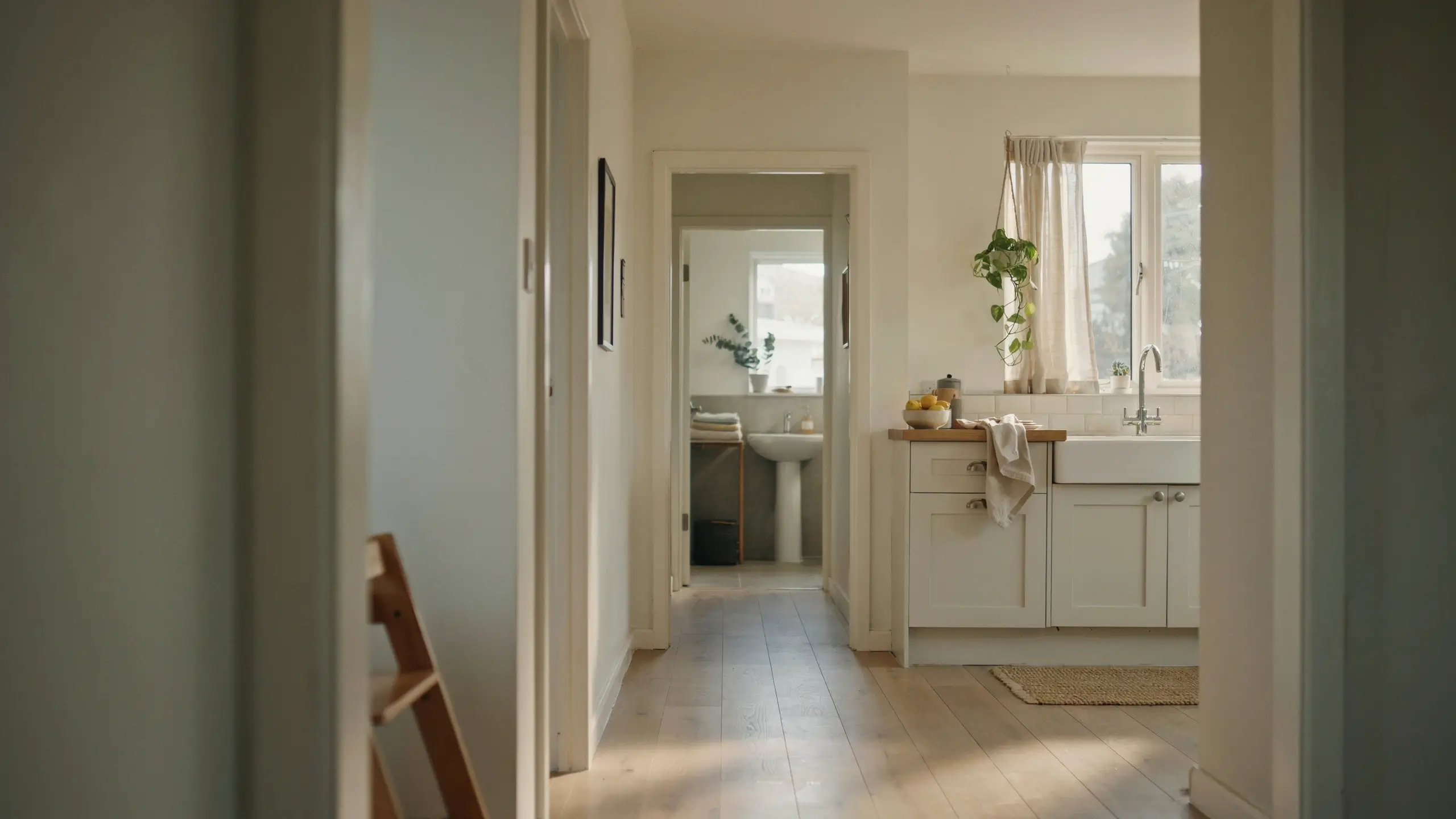 Bright, minimalist hallway connecting a tidy kitchen and bathroom, illustrating the ease of the zone cleaning method for an organized home