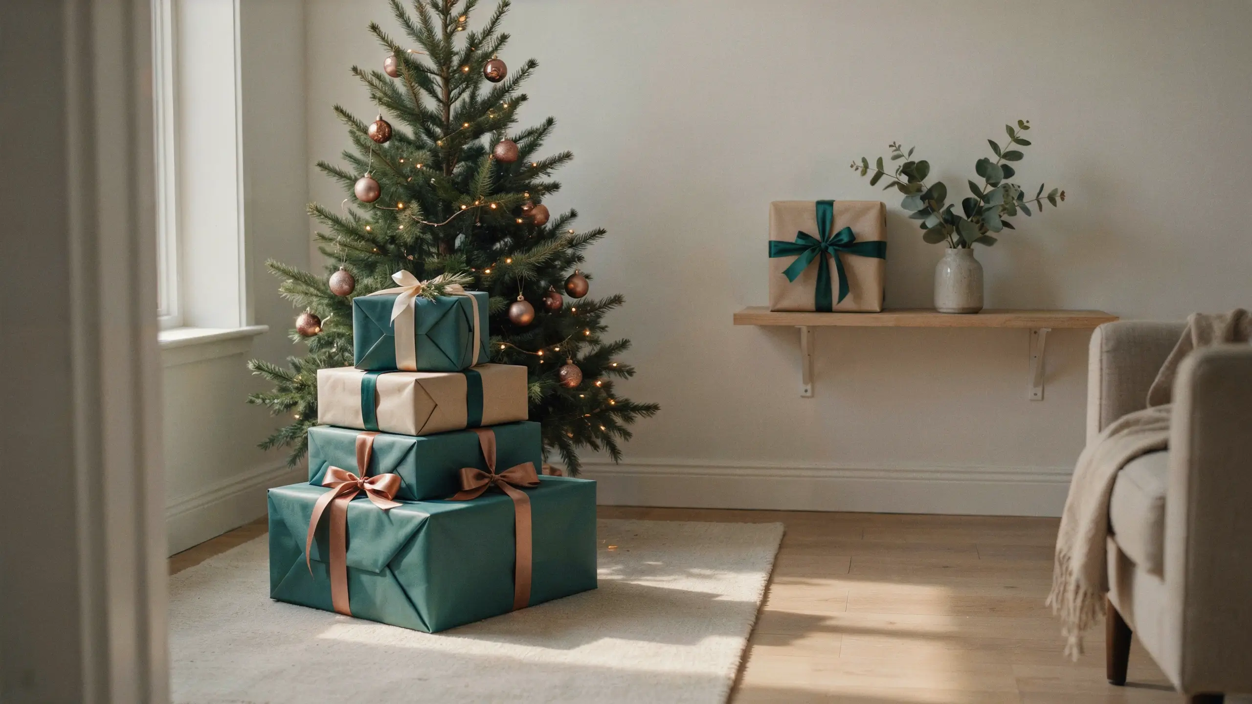 Stacked teal and kraft-wrapped empty boxes beside a decorated Christmas tree in a small living room.