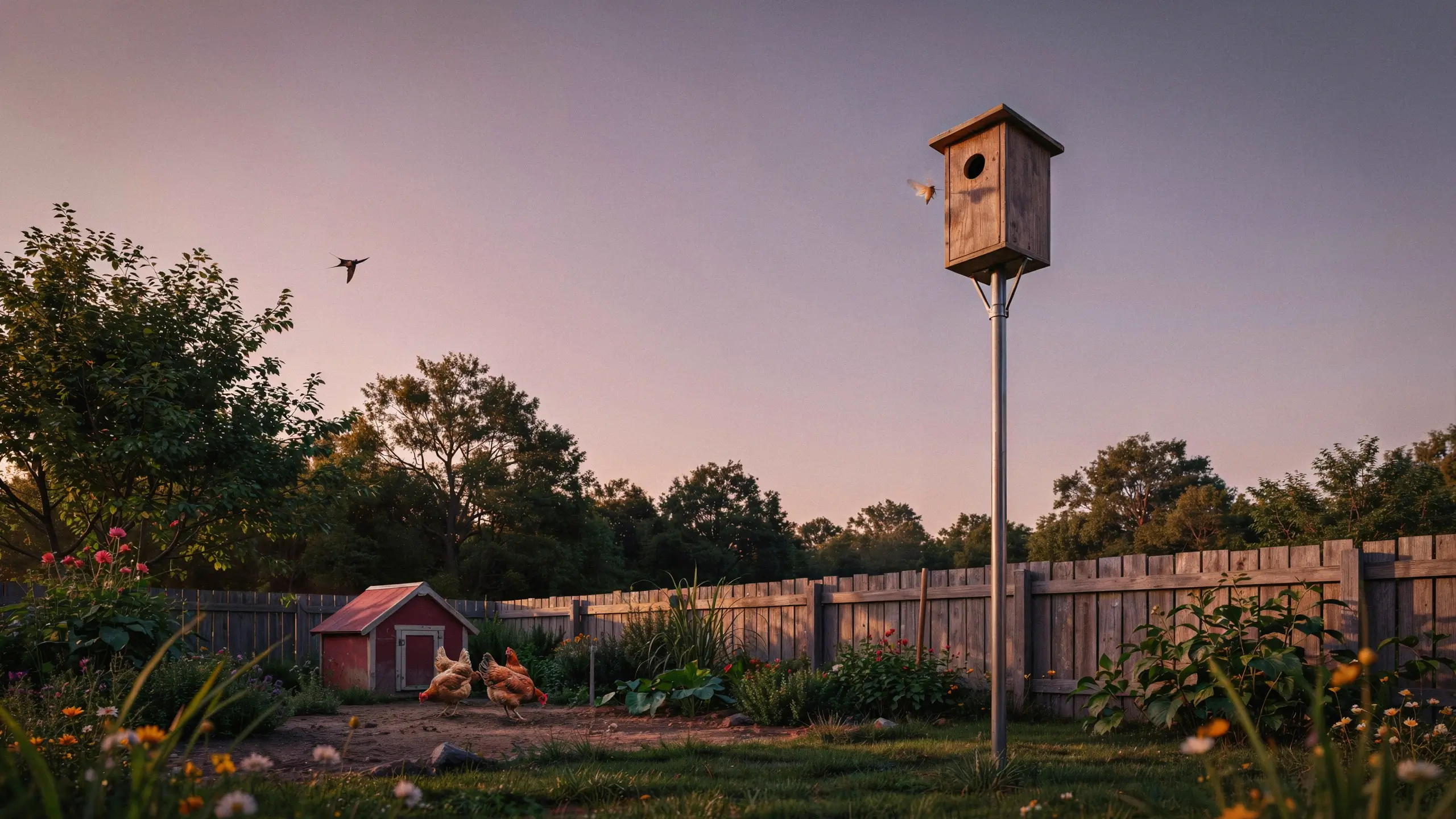 A rustic backyard garden at twilight with a wooden birdhouse on a pole and two free-range chickens foraging, showing natural pest control methods.