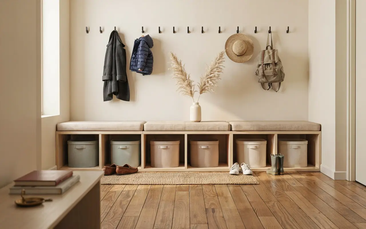 Entryway bench with cubbies, storage bins, hooks, coats, shoes, and family bags in a modern mudroom.