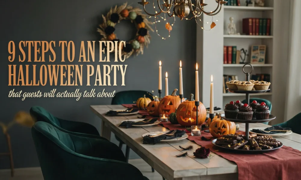 Elegant Halloween dinner table decor with carved pumpkins, tall taper candles, black place settings, and a dessert stand with cupcakes, next to the text '9 Steps to an Epic Halloween Party'.