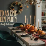 9 Steps to an Epic Halloween Party (That Guests Will Actually Talk About) Elegant Halloween dinner table decor with carved pumpkins, tall taper candles, black place settings, and a dessert stand with cupcakes, next to the text '9 Steps to an Epic Halloween Party'.