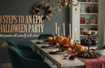 Elegant Halloween dinner table decor with carved pumpkins, tall taper candles, black place settings, and a dessert stand with cupcakes, next to the text '9 Steps to an Epic Halloween Party'.