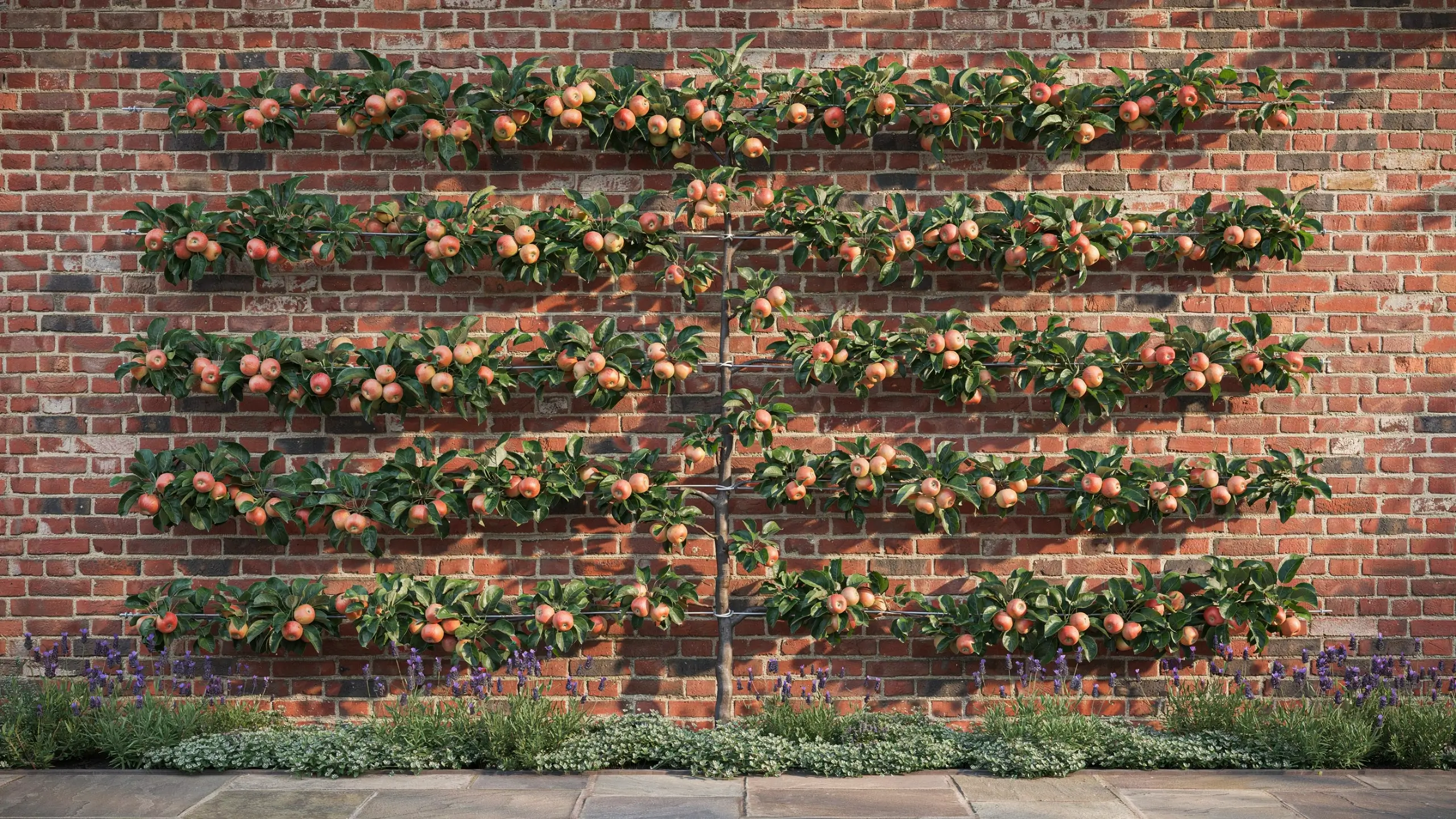 Five-tier espaliered apple tree with ripe fruit trained horizontally against a red brick wall, demonstrating space-efficient fruit gardening. 