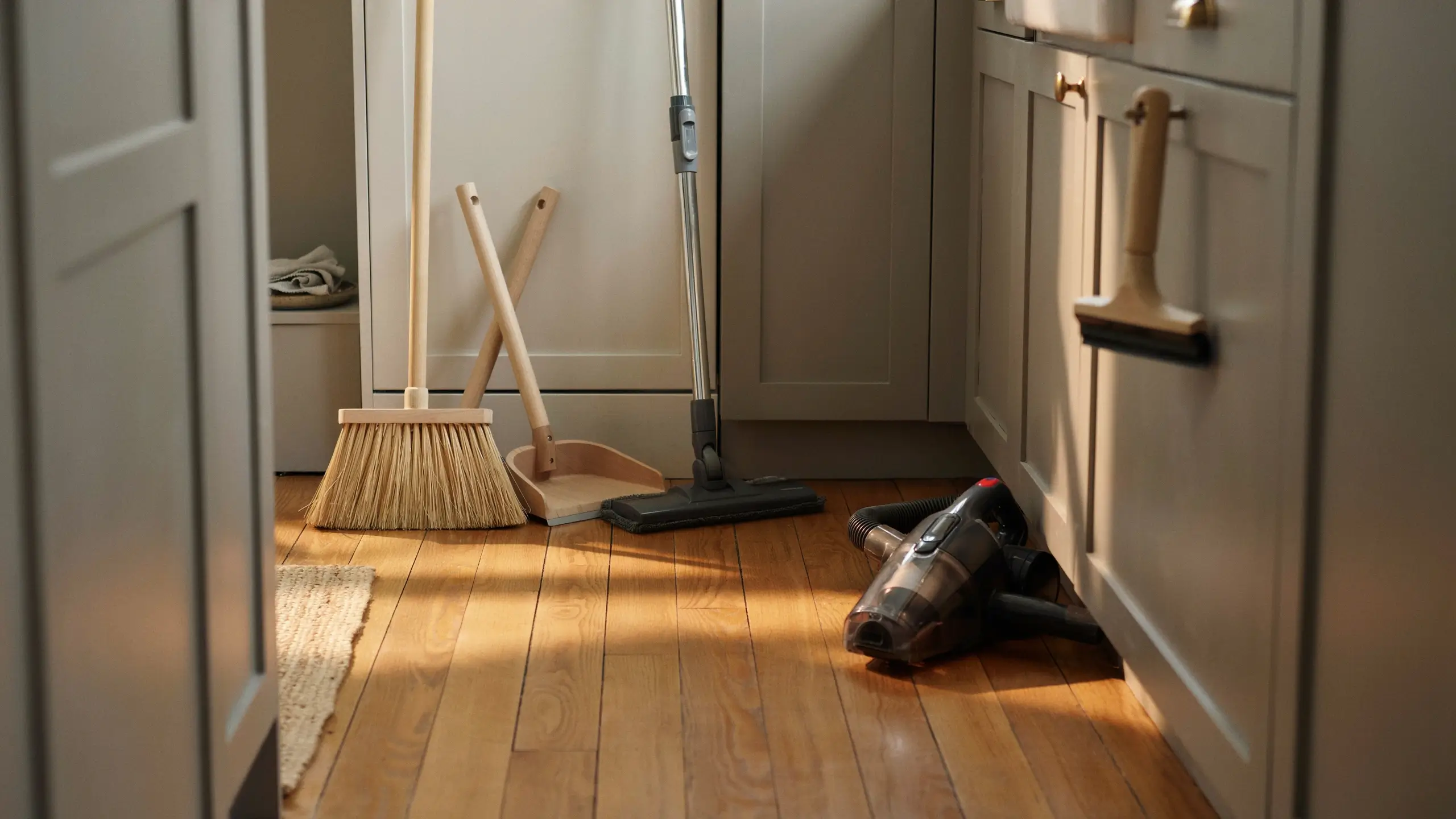 Neatly arranged household cleaning tools, including a light wood broom and matching dustpan, a grey cordless stick vacuum, and a compact handheld vacuum, resting on a polished hardwood floor inside a sunlit kitchen storage pantry