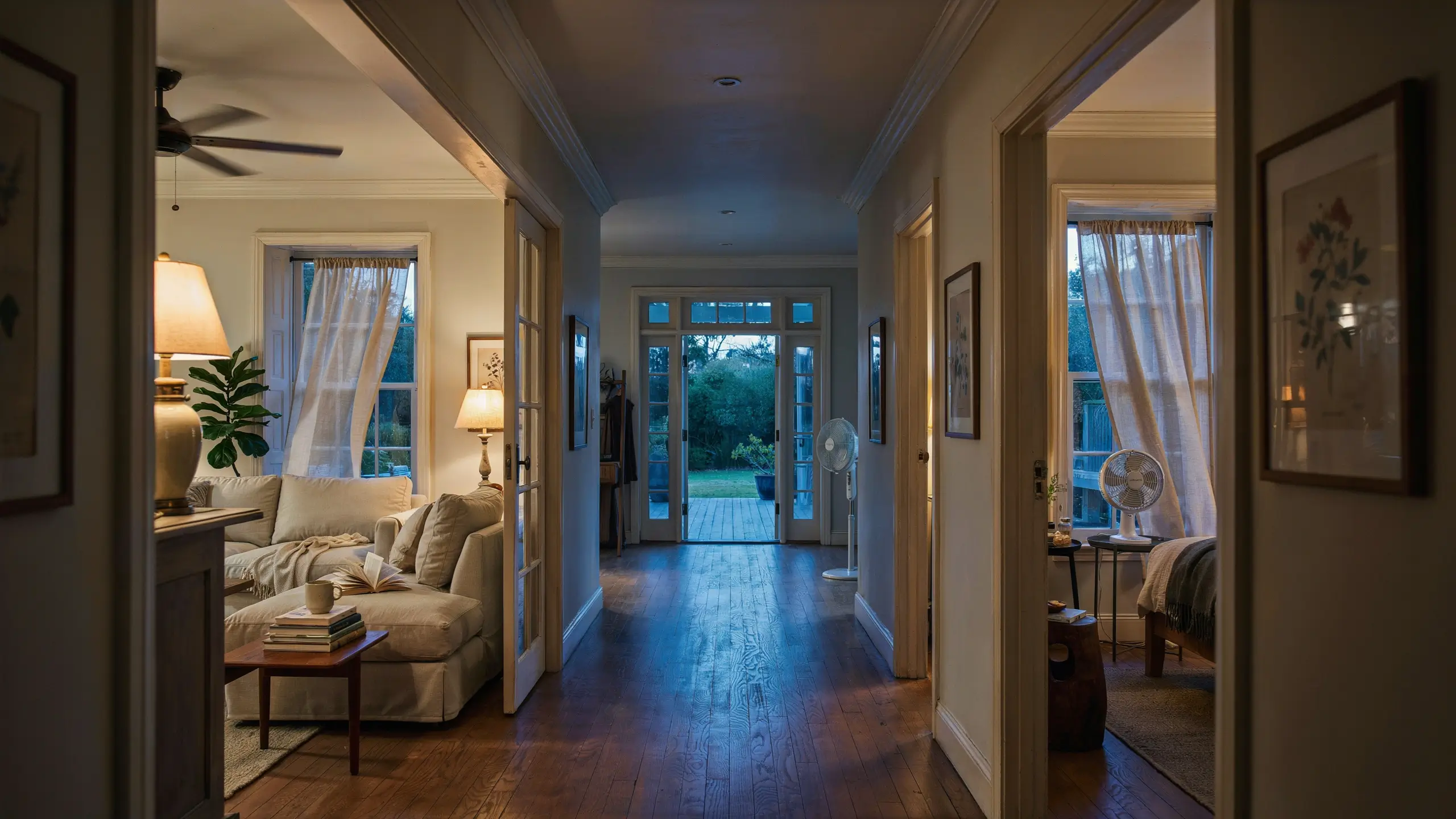 Interior view of a cozy home hallway with open doors to the living room and bedroom, illustrating the right way to set up cross-ventilation and "burp" a house at night by creating a cooling airflow path through the open back doors. 