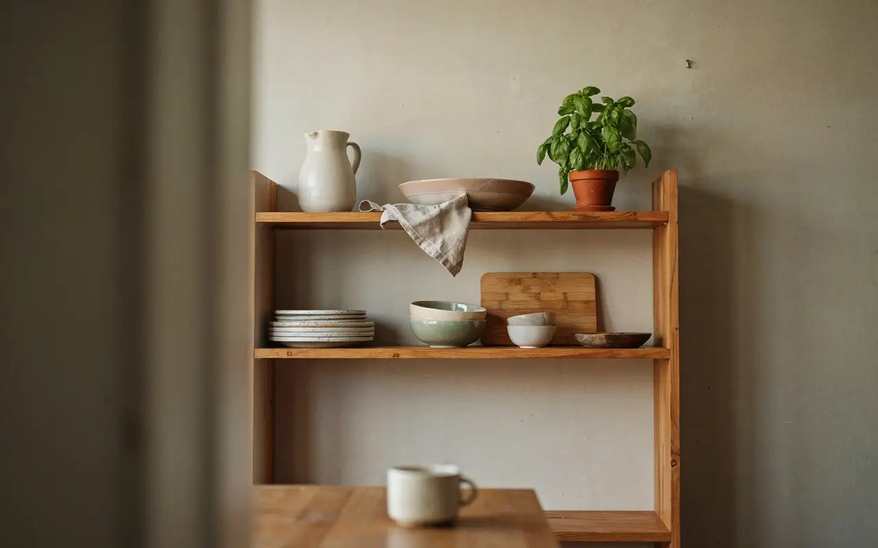 Everyday dishes stored on the lower shelf of a wooden open kitchen shelf with bowls, pitcher, and basil plant.
