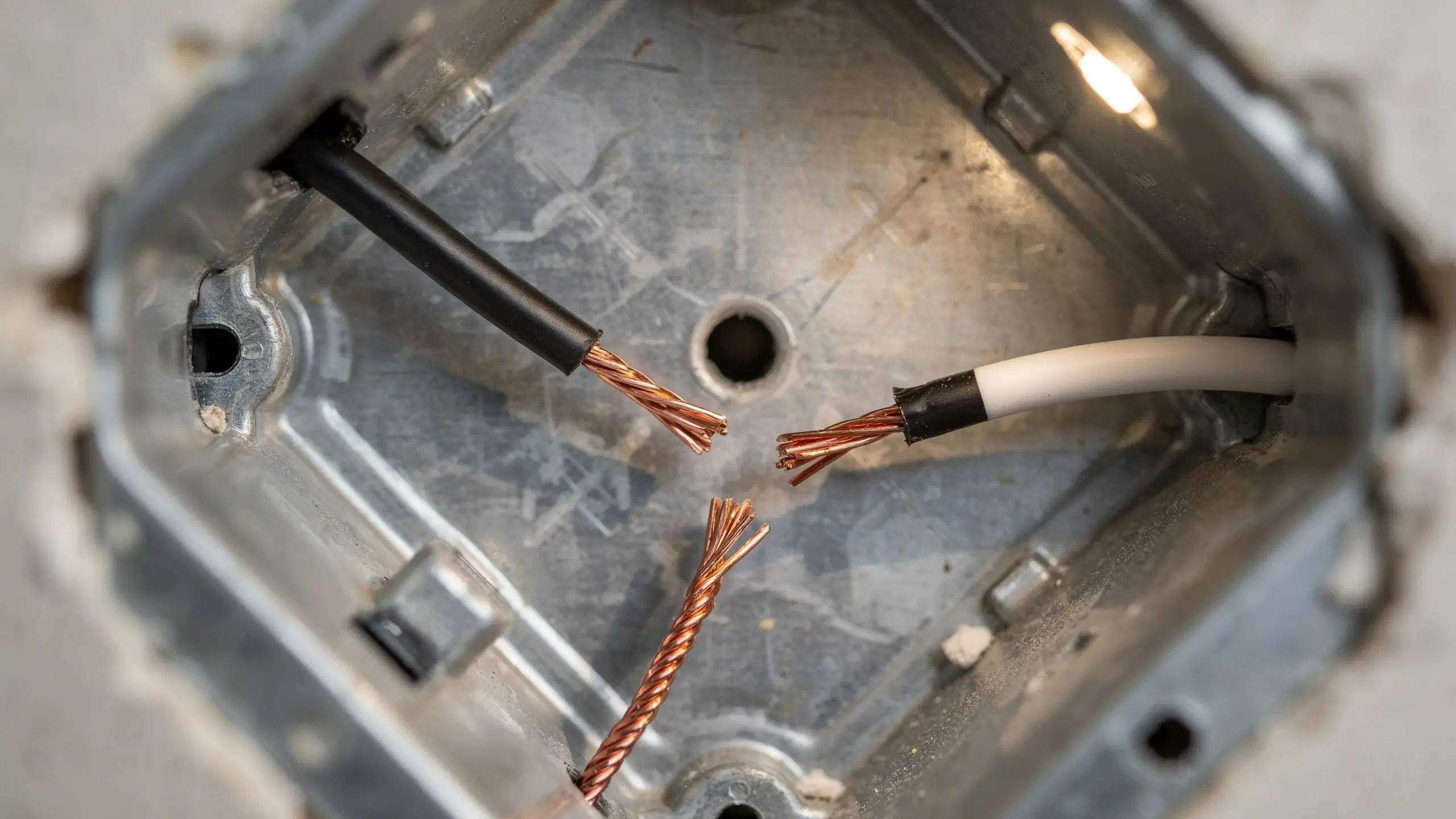 Close-up of three exposed stranded copper wires inside a galvanized metal electrical box, featuring a black insulated hot wire, a white neutral wire, and a bare copper ground wire stripped and ready for DIY wiring connections.