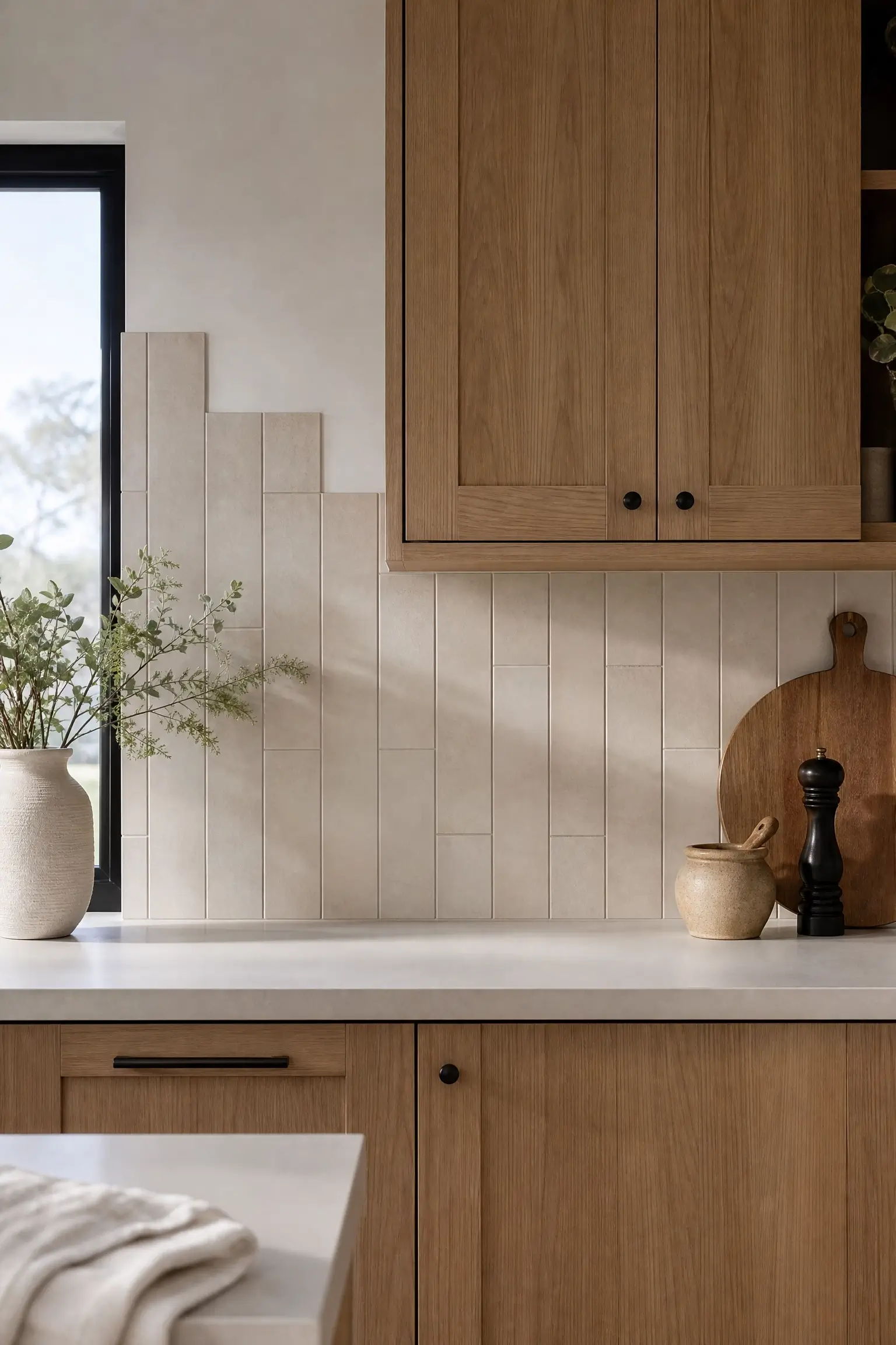 Wood kitchen with tile backsplash extended above standard height to soften the builder-grade line.