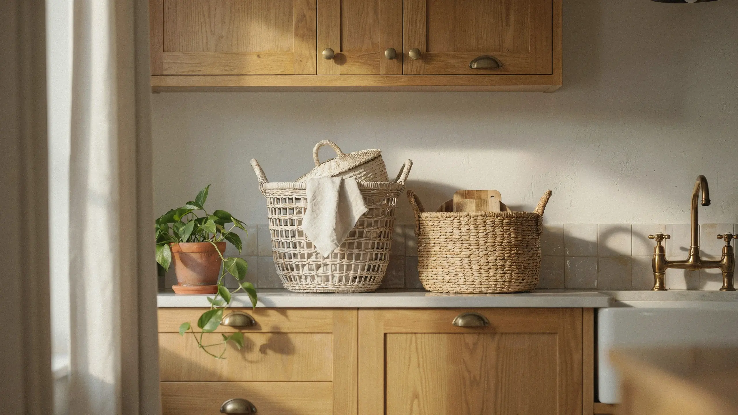 Extra-large woven baskets on a kitchen counter beside wood cabinets and a potted plant.
